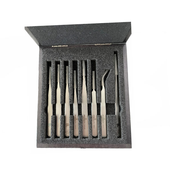 Bergeon 7026 Set von 8 antimagnetischen Tweezern in Holzbox
