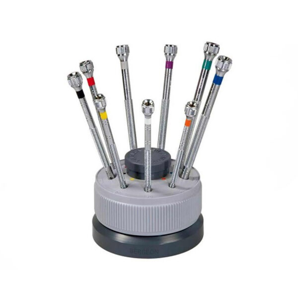 Bergeon 5970 Set von 9 Schraubenträgern auf einem Drehstand Ø 0,5 - 2,5 mm