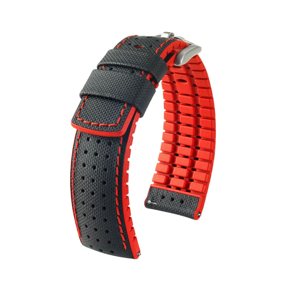 Hirsch Robby L schwarzer und roter Kalbsleder-Armbandfassung 21 mm 0912094050-4-21