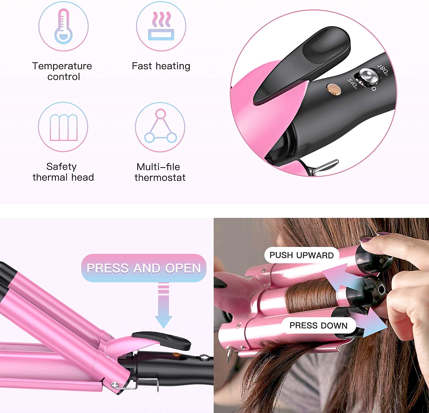 BESTOPE Haar-Lockenstab mit 3 Messern – Pink - Image 3