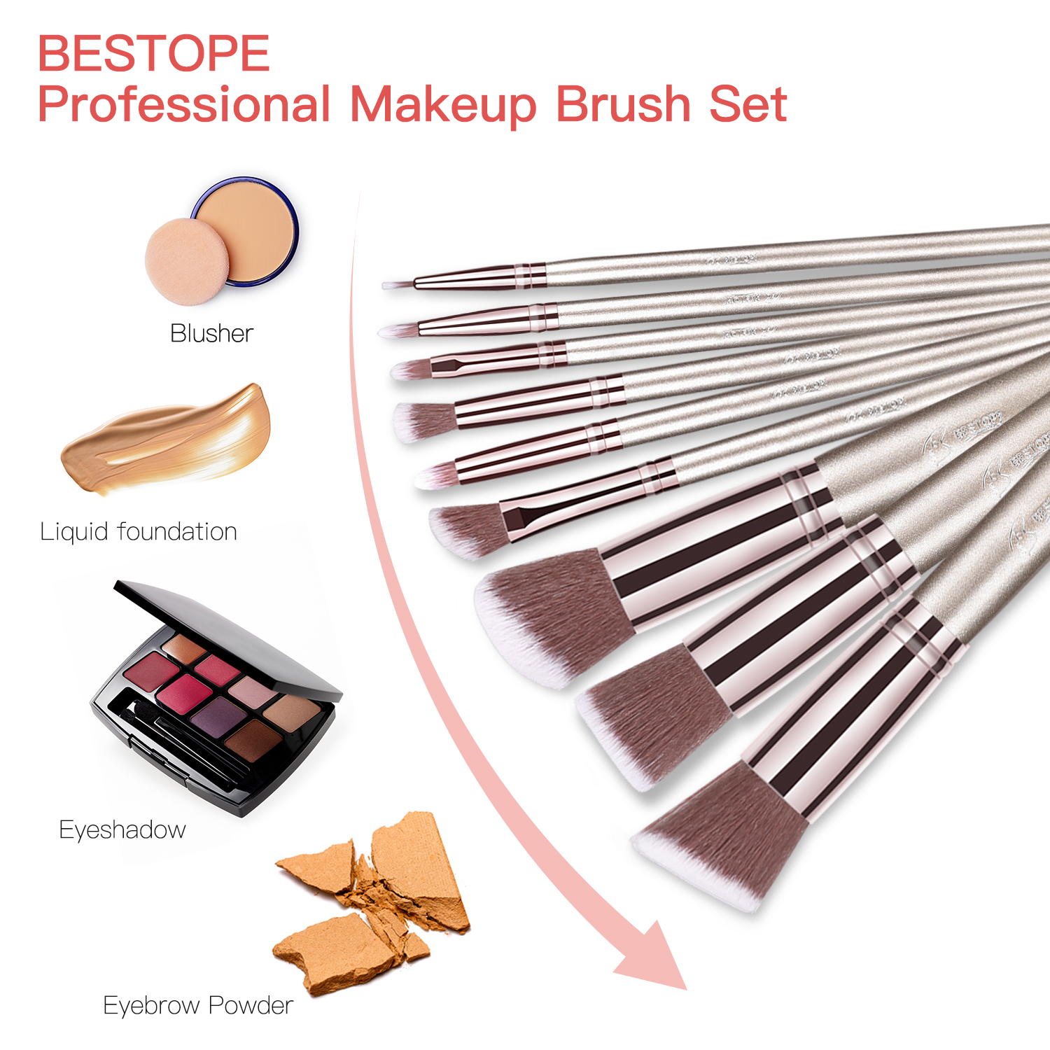 BESTOPE Make-up Pinsel Set 16er Set, Champagne Gold - Image 3