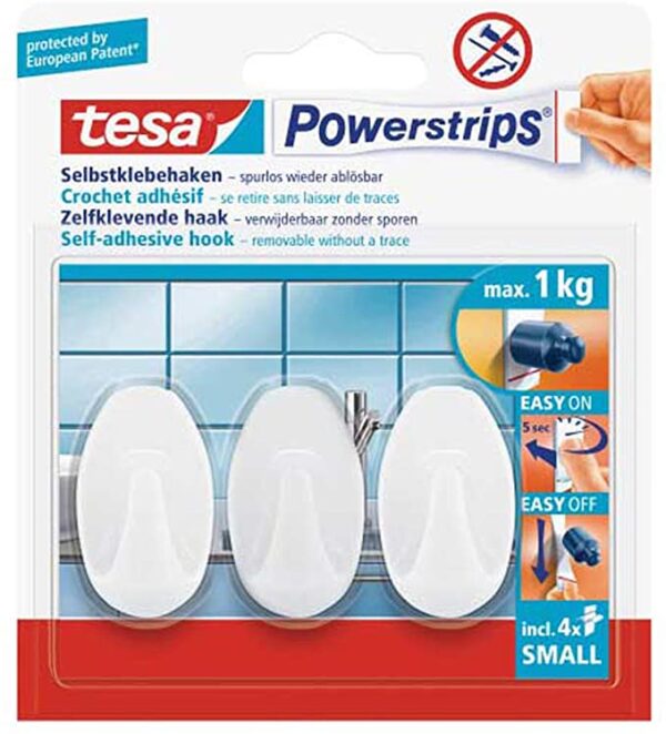 tesa Powerstrips Haken Klein OVAL - Entfernbarer Selbstklebender Wandoberzug für Glas