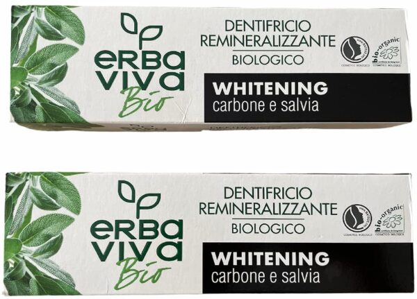 Pack von 2 Erba Viva BIO Organische Zahnpasta mit Aktivkohle und Salbei 75 ml + 75 ml