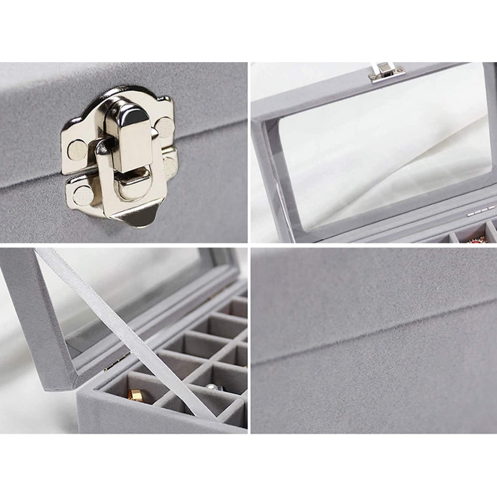Gugita Schmuckbox Organizer mit Glasdeckel, Grau, 24 Fächer - Image 6