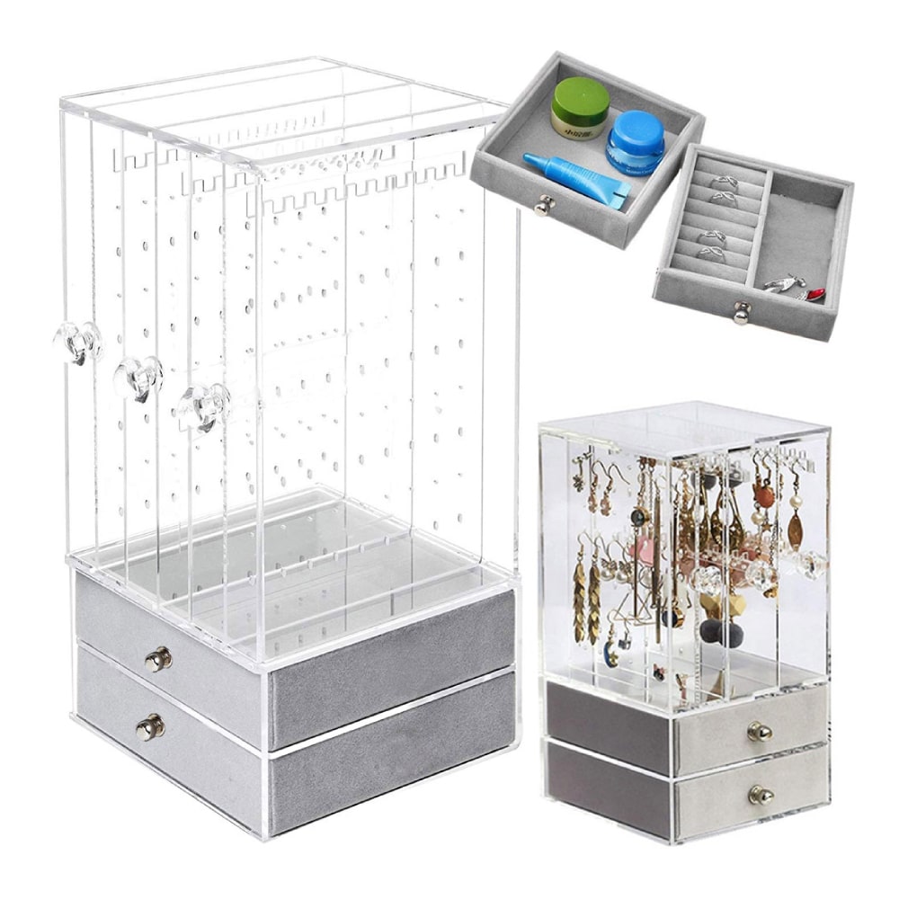 Gugita Schmuckorganisator Casket Display, Elegante Aufbewahrungsbox für Ohrringe, Ketten und Armbänder, Transparent Grau