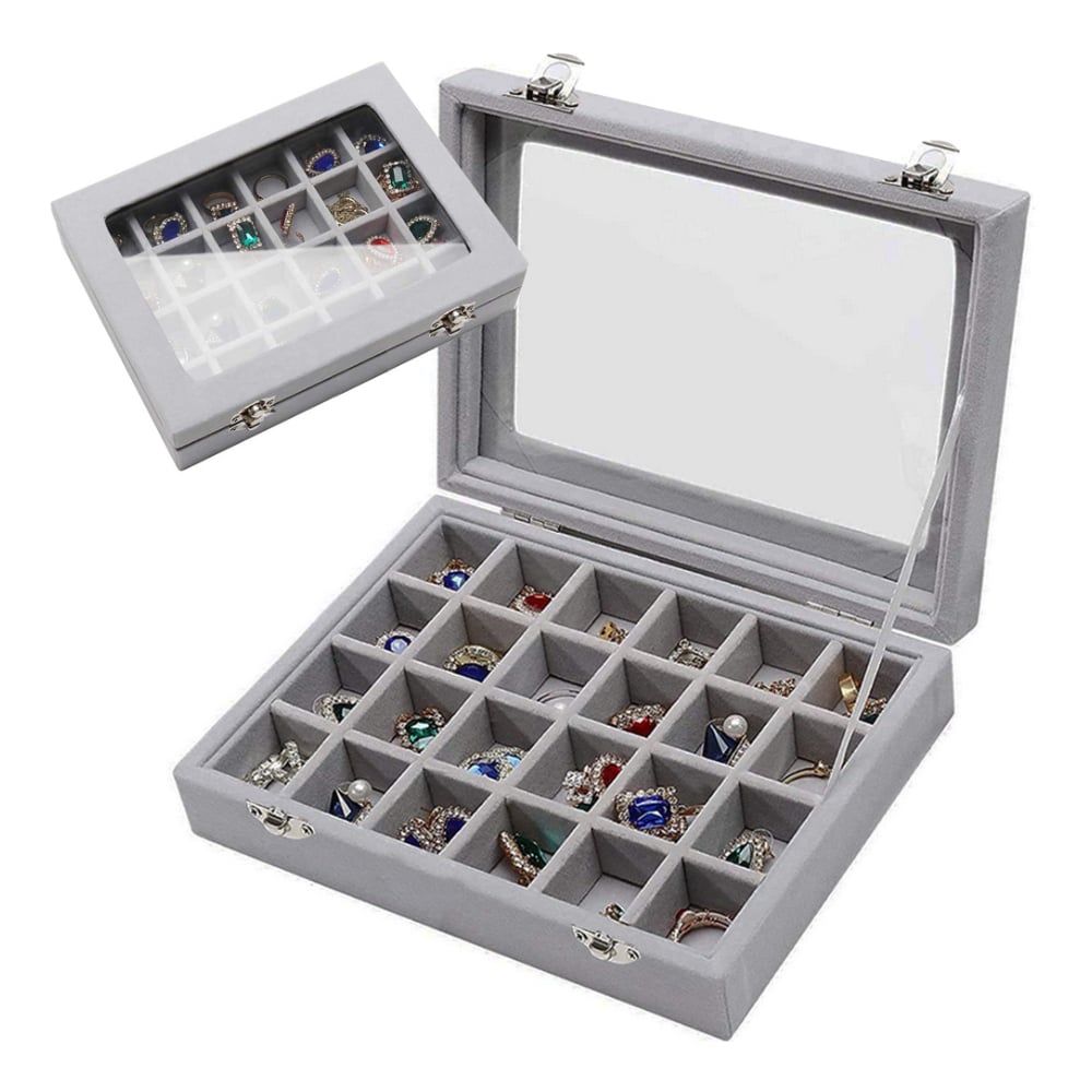 Gugita Schmuckbox Organizer mit Glasdeckel, Grau, 24 Fächer