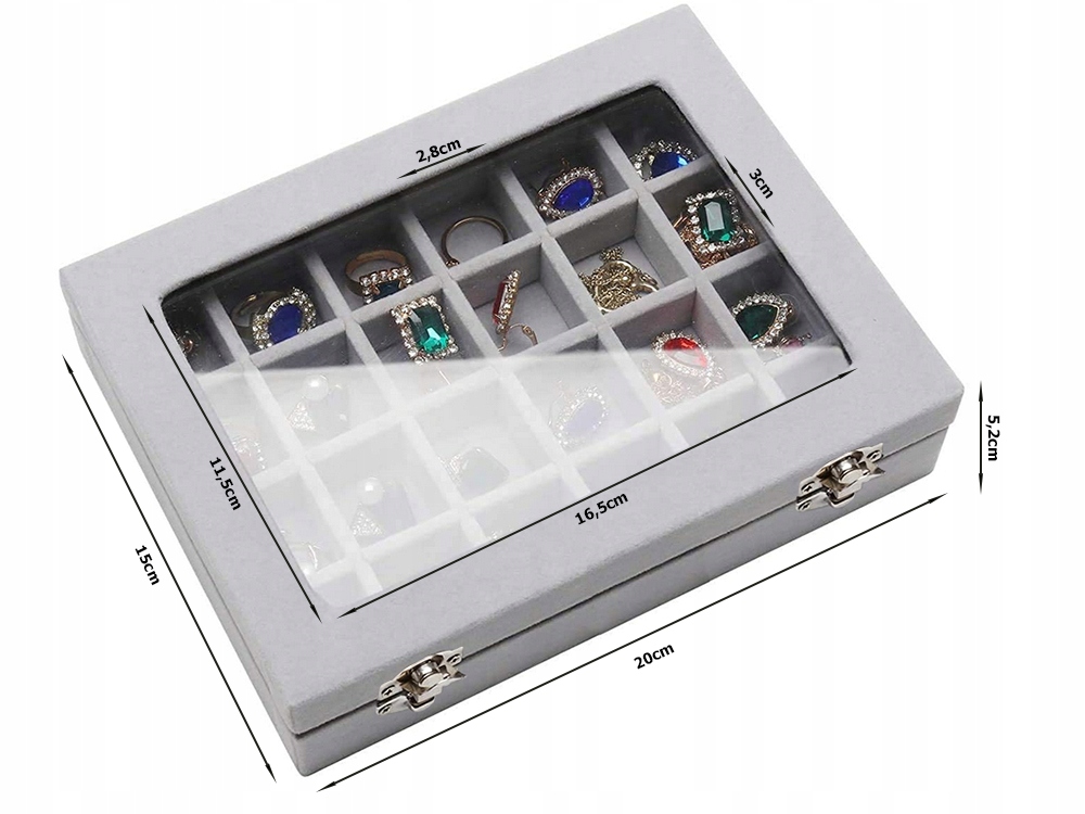 Gugita Schmuckbox Organizer mit Glasdeckel, Grau, 24 Fächer - Image 8