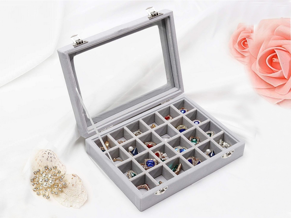 Gugita Schmuckbox Organizer mit Glasdeckel, Grau, 24 Fächer - Image 10