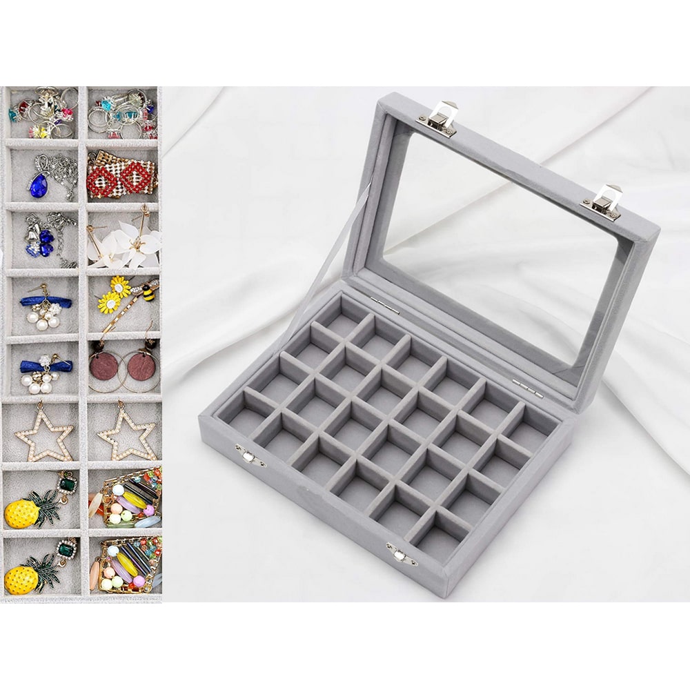 Gugita Schmuckbox Organizer mit Glasdeckel, Grau, 24 Fächer - Image 2
