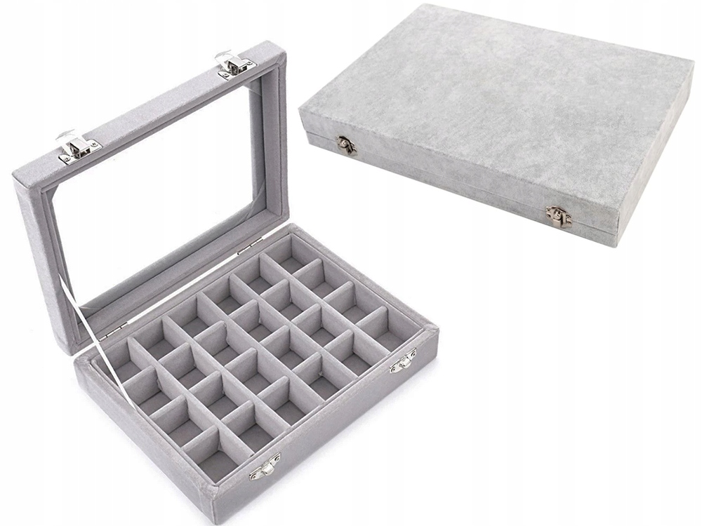 Gugita Schmuckbox Organizer mit Glasdeckel, Grau, 24 Fächer - Image 9