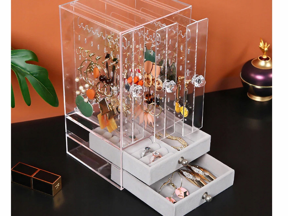 Gugita Schmuckorganisator Casket Display, Elegante Aufbewahrungsbox für Ohrringe, Ketten und Armbänder, Transparent Grau - Image 8