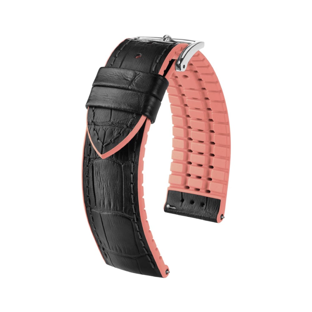 Hirsch Andy M schwarzes Lederarmband mit pinkfarbiger Kalbsleder-Gurt, 18 mm, 0922328150-2-18