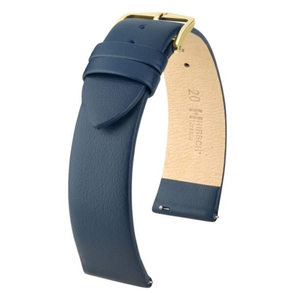Hirsch Toronto L blauer Kalbsleder-Uhrenarmband, 20 mm, Goldschnalle, Blue Color Strap, Gold Buckle, Size 20mm- L,  Ref. 03702080-1-20