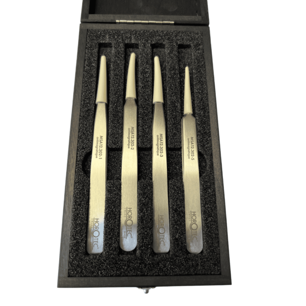 Horotec MSA12.388 Antimagnetische Pinzette Set Nr. 1 2 3 5 904L Stahl Holzkasten