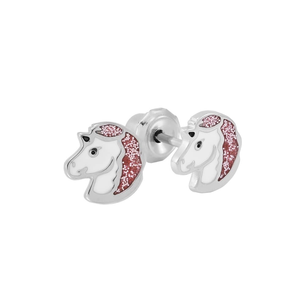 Inverness Medical Edelstahl 6mm Einhorn Weiß/Rosa Glitter Ohrringe 010C