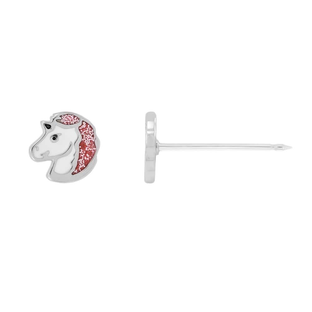 Inverness Medical Edelstahl 6mm Einhorn Weiß/Rosa Glitter Ohrringe 010C - Image 2