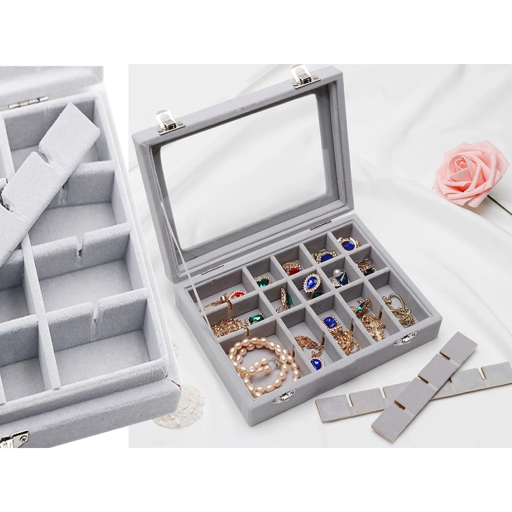 Gugita Schmuckbox Organizer mit Glasdeckel, Grau, 24 Fächer - Image 4