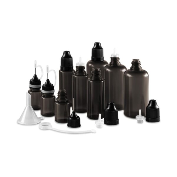 Set von 9 Flaschen, 5 - 50 ml, schwarz mit Verschlüssen, Dosierhilfen und Trichter