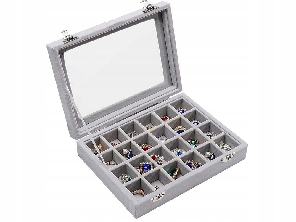Gugita Schmuckbox Organizer mit Glasdeckel, Grau, 24 Fächer - Image 7