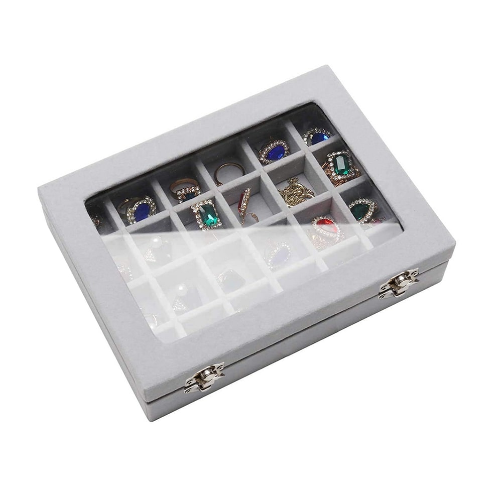 Gugita Schmuckbox Organizer mit Glasdeckel, Grau, 24 Fächer - Image 5