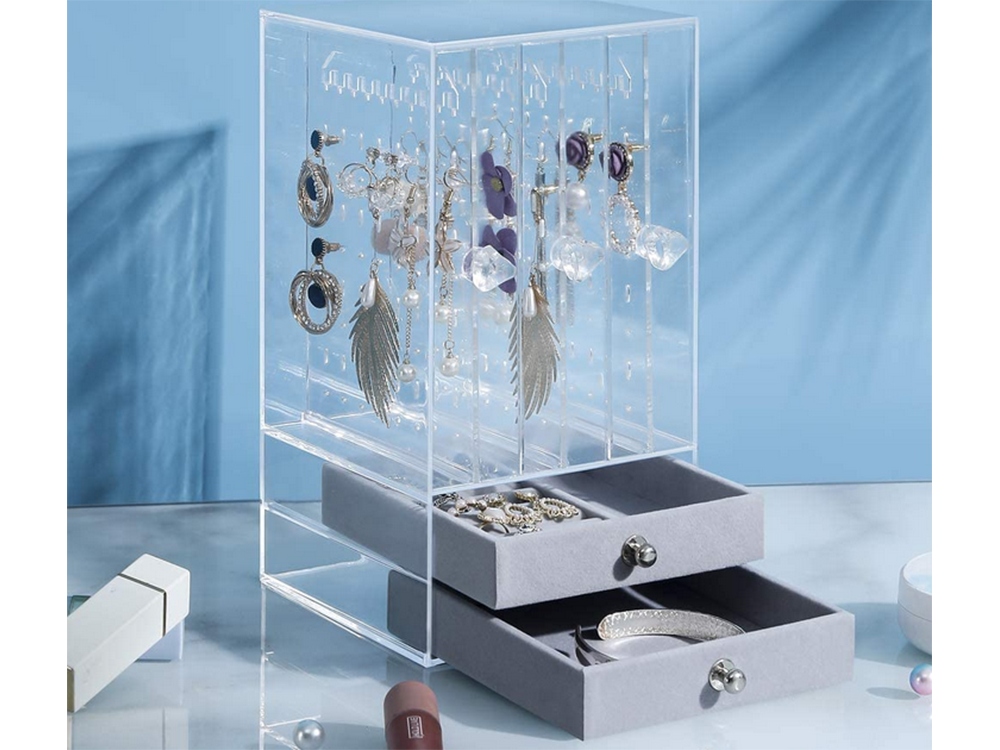 Gugita Schmuckorganisator Casket Display, Elegante Aufbewahrungsbox für Ohrringe, Ketten und Armbänder, Transparent Grau - Image 7