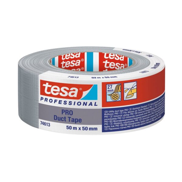 Tesa Pro Duct Tape, Grau, 50 m x 50 mm, Professionelles Reparatur- und Fixierband