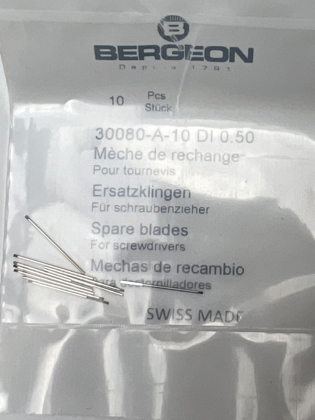 Bergeon Ersatzschraubendreherklingen 0.50 mm, 10 Stück, Schweizer Qualität