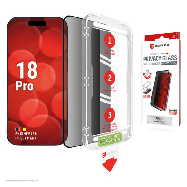 DISPLEX Privacy Displayschutzglas 10H für Apple iPhone 18 Pro mit MountMaster